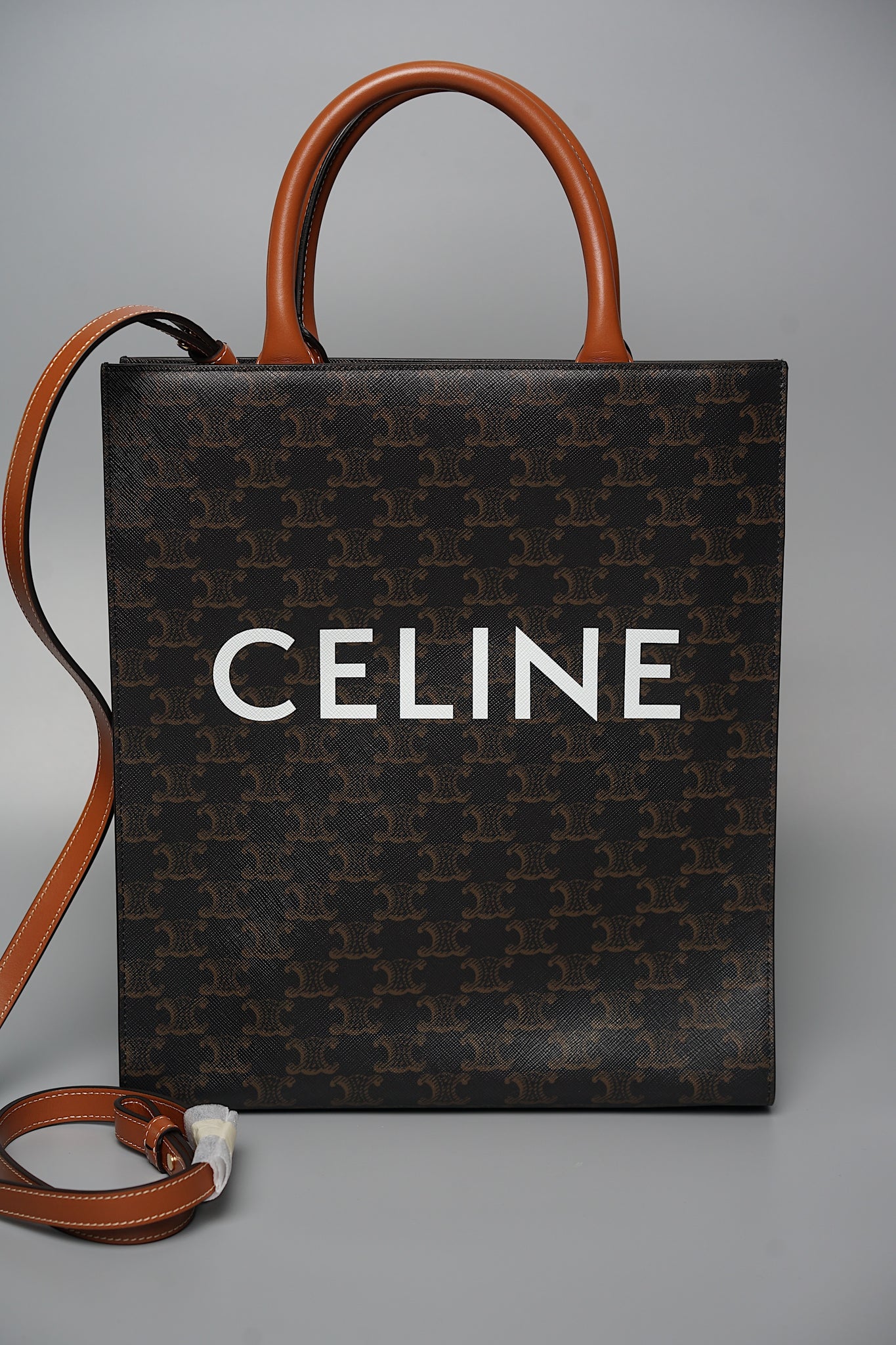 Celine Small Cabas Vertical Triomphe Canvas and Calfskin in Tan