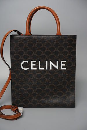 Celine Small Cabas Vertical Triomphe Canvas and Calfskin in Tan