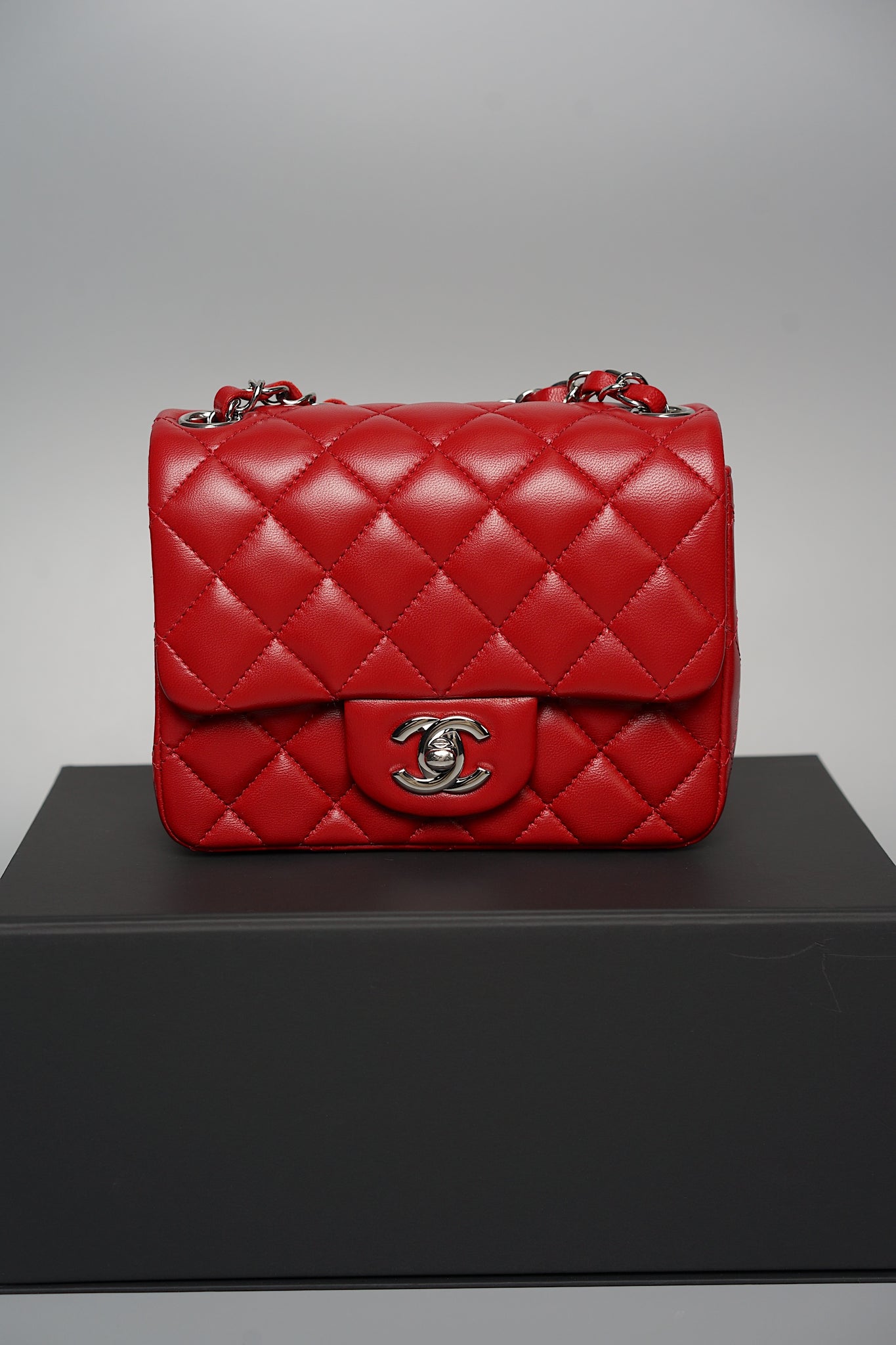 Chanel Classic Mini Square Flap in Red Lambskin Shw