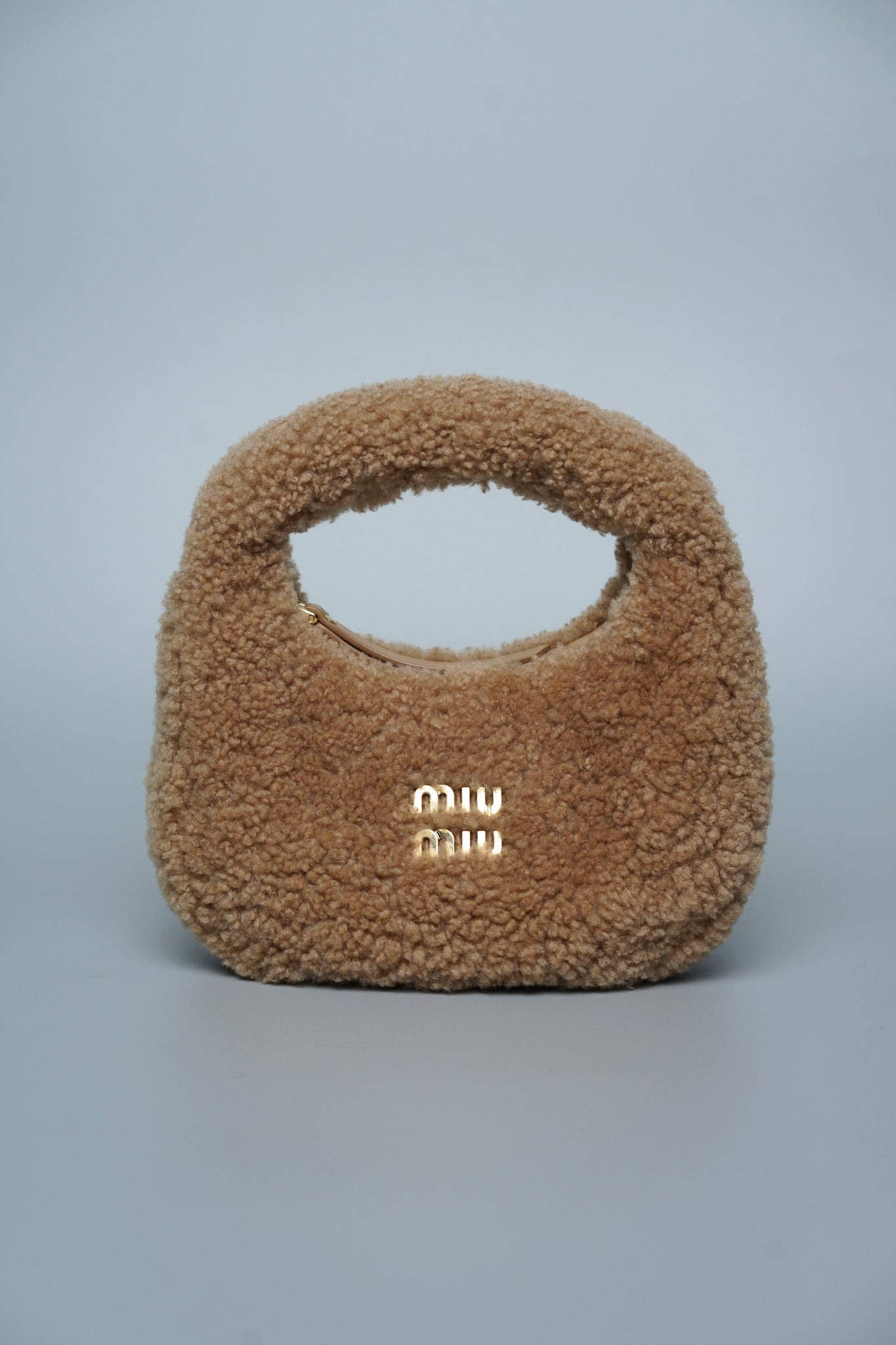 Miu Miu Wander Shearling Hobo Mini Bag in Caramel Lghw