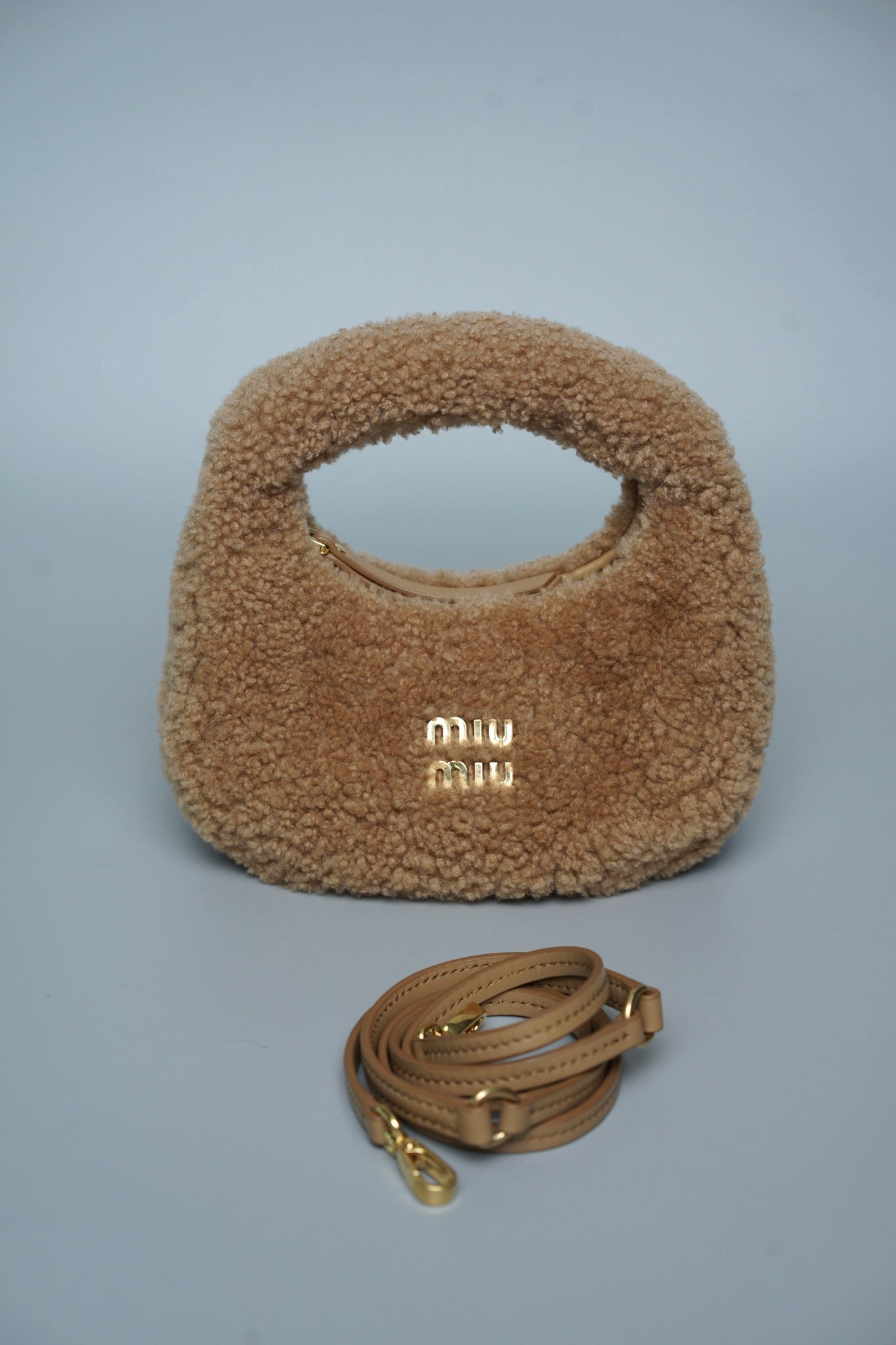 Miu Miu Wander Shearling Hobo Mini Bag in Caramel Lghw