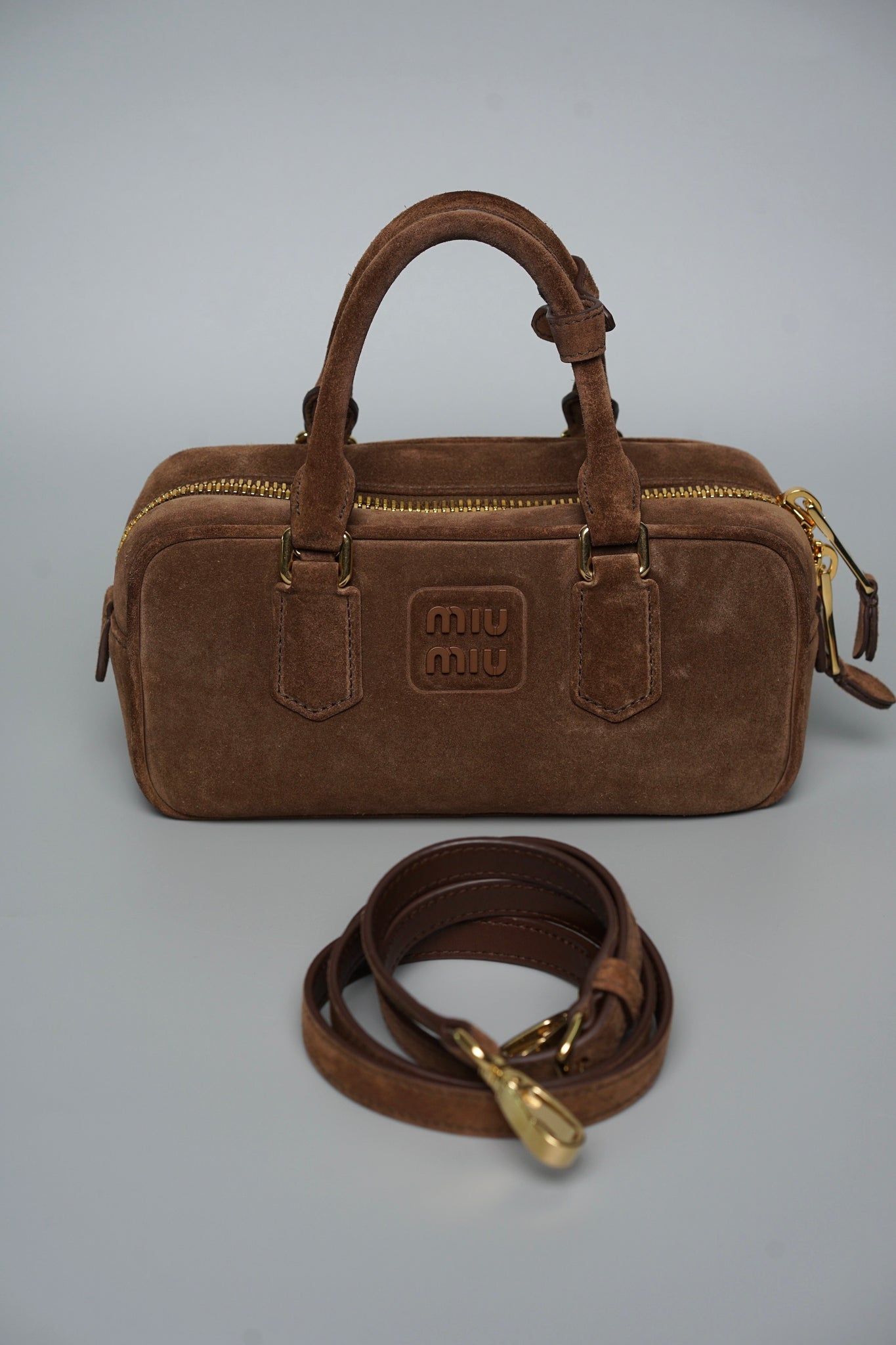 Miu Miu Arcadie Padded Suede Top-Handle Bag in Cocoa Brown