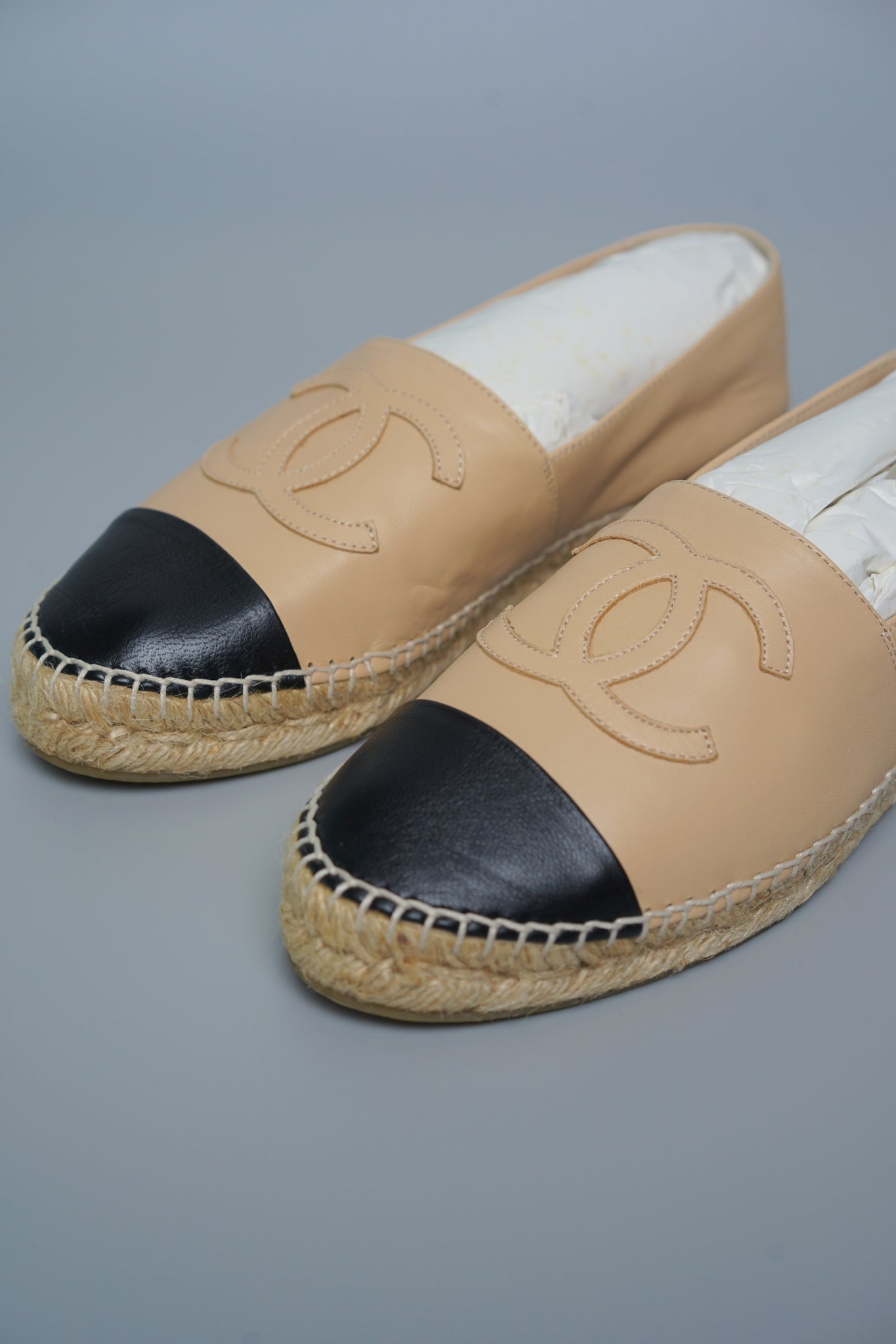 Chanel Espadrilles Lambskin in Beige/Black Size 38 (Brand New)