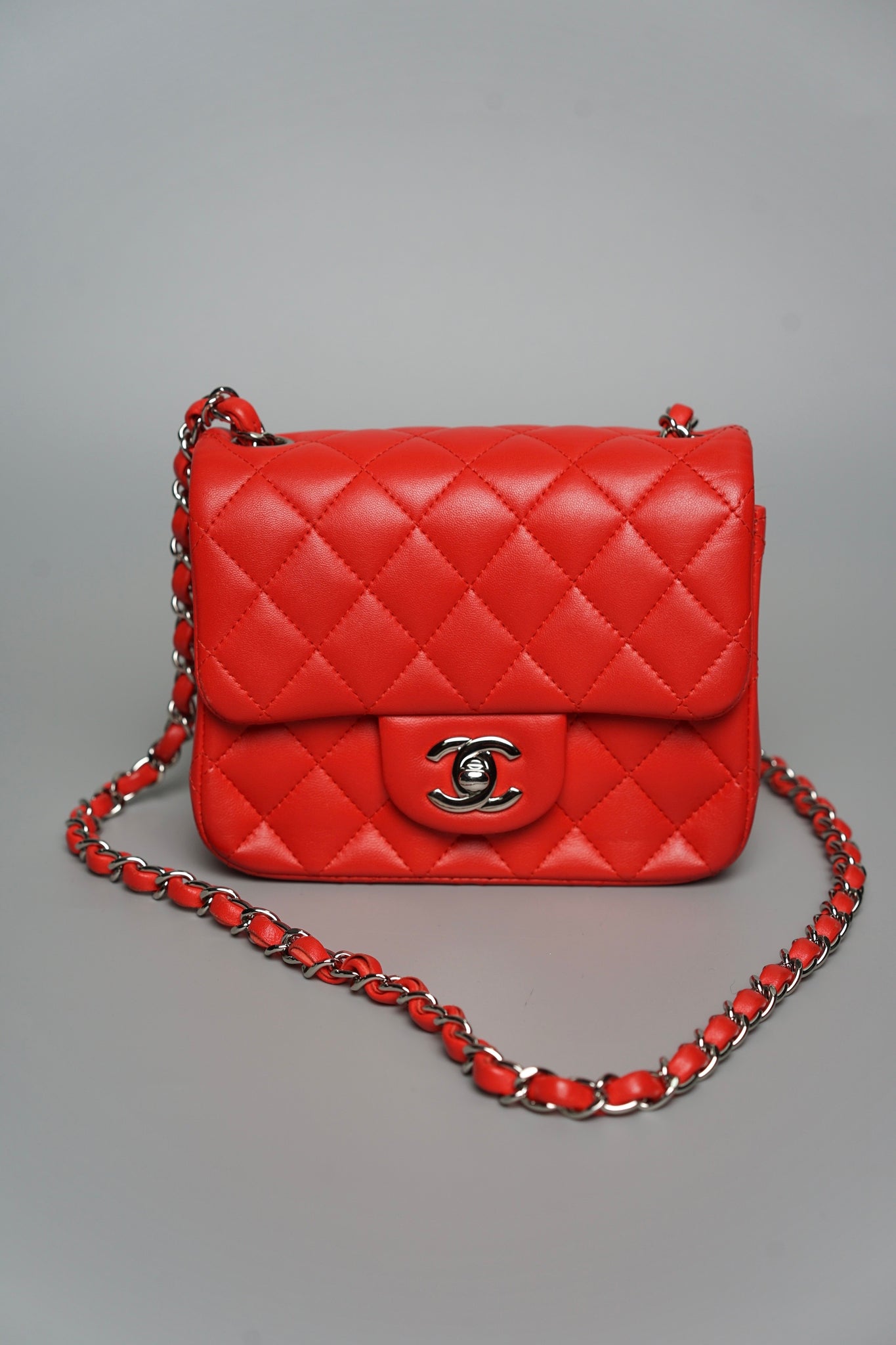 Chanel Classic Mini Square Flap in Red Lambskin Shw