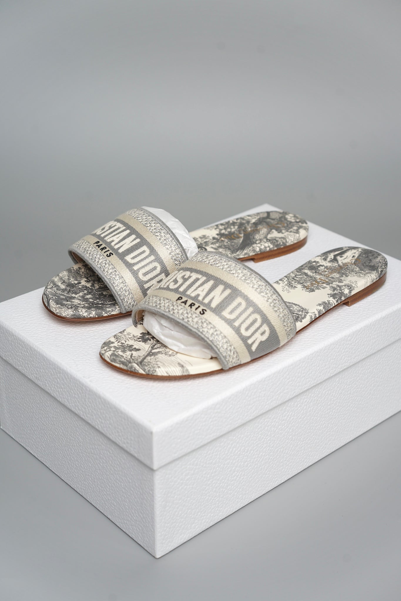 Dior Dway Slide Toile de Jouy Motif in Gray Size 39 (Brand New)