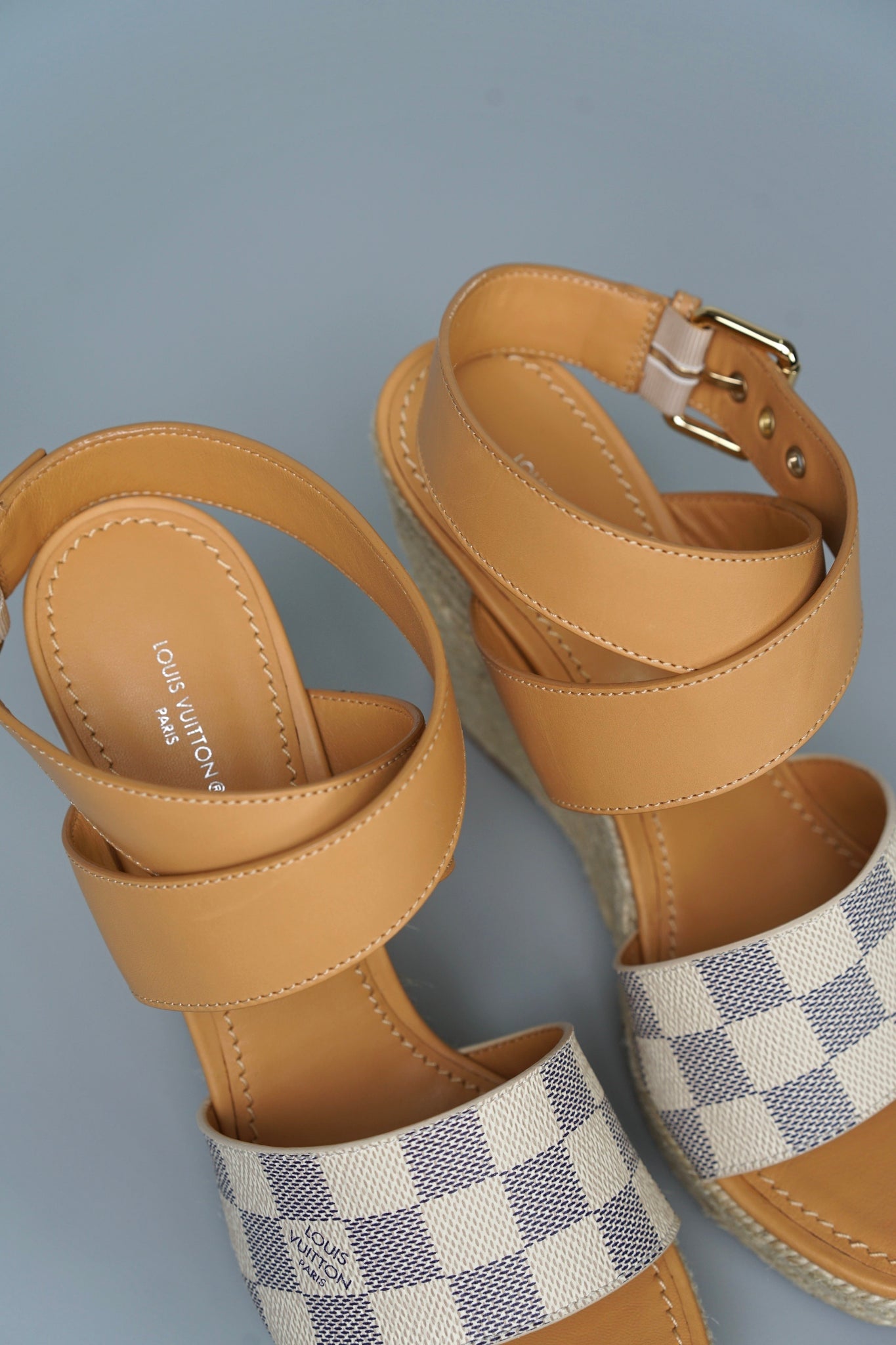 Louis Vuitton Damier Azur Starboard Wedges in Tan Size 39 (Brand New)