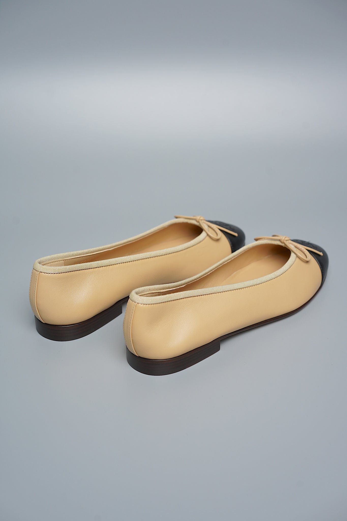 Chanel Classic Ballerina Pumps in Beige Black Lambskin Size 36C