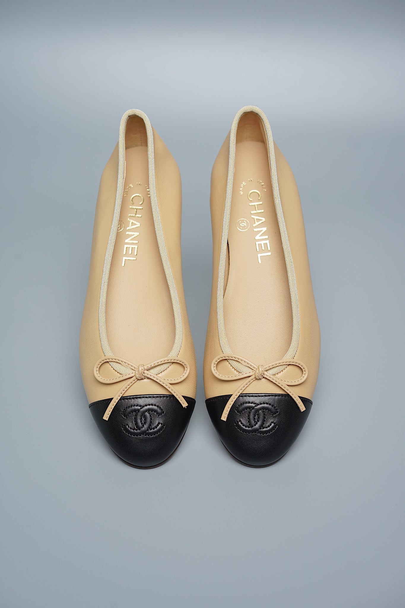 Chanel Classic Ballerina Pumps in Beige Black Lambskin Size 36C