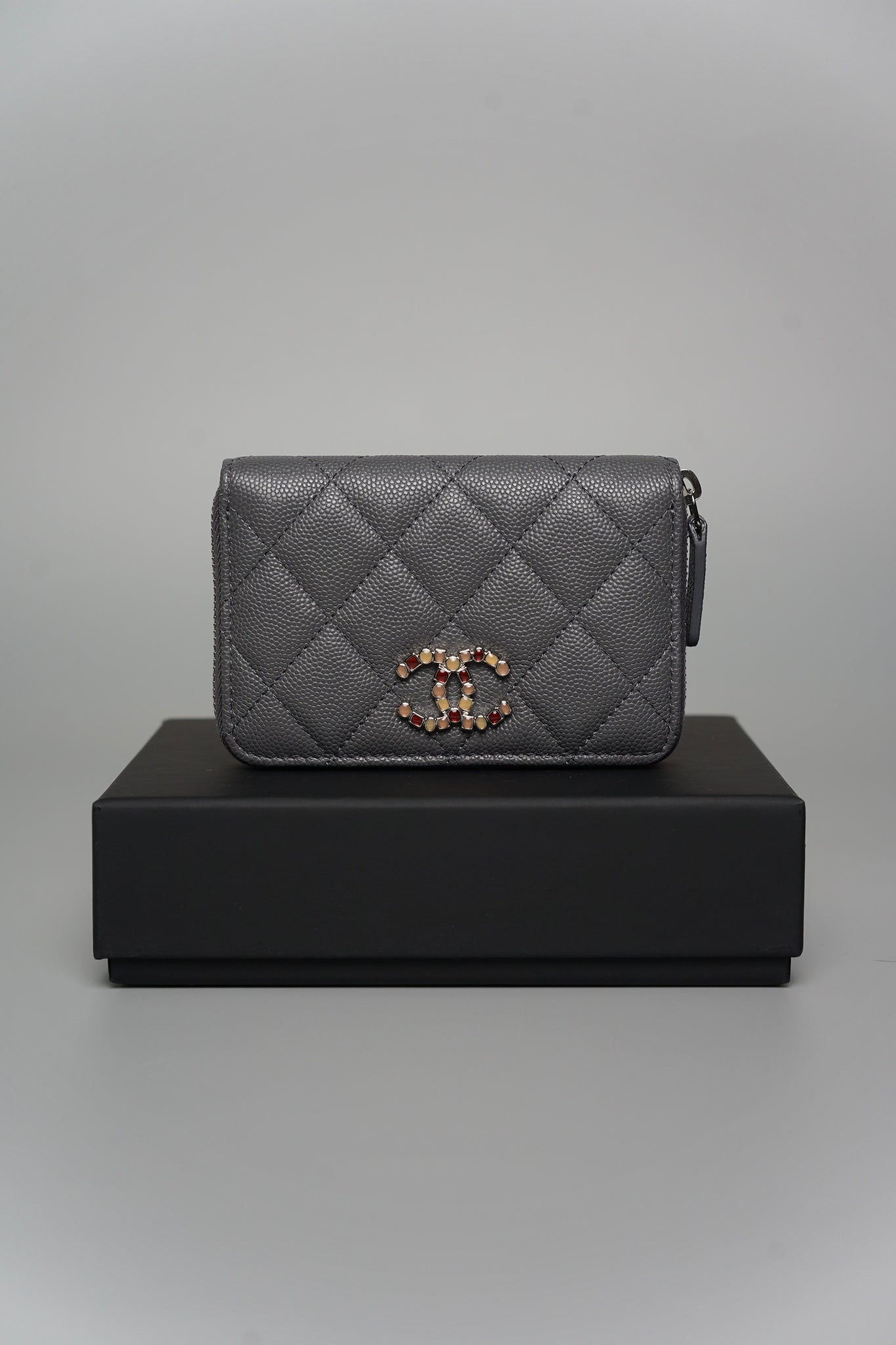 Chanel CC Crystal Logo Small Wallet in Dark Grey Caviar Shw (Brand New)