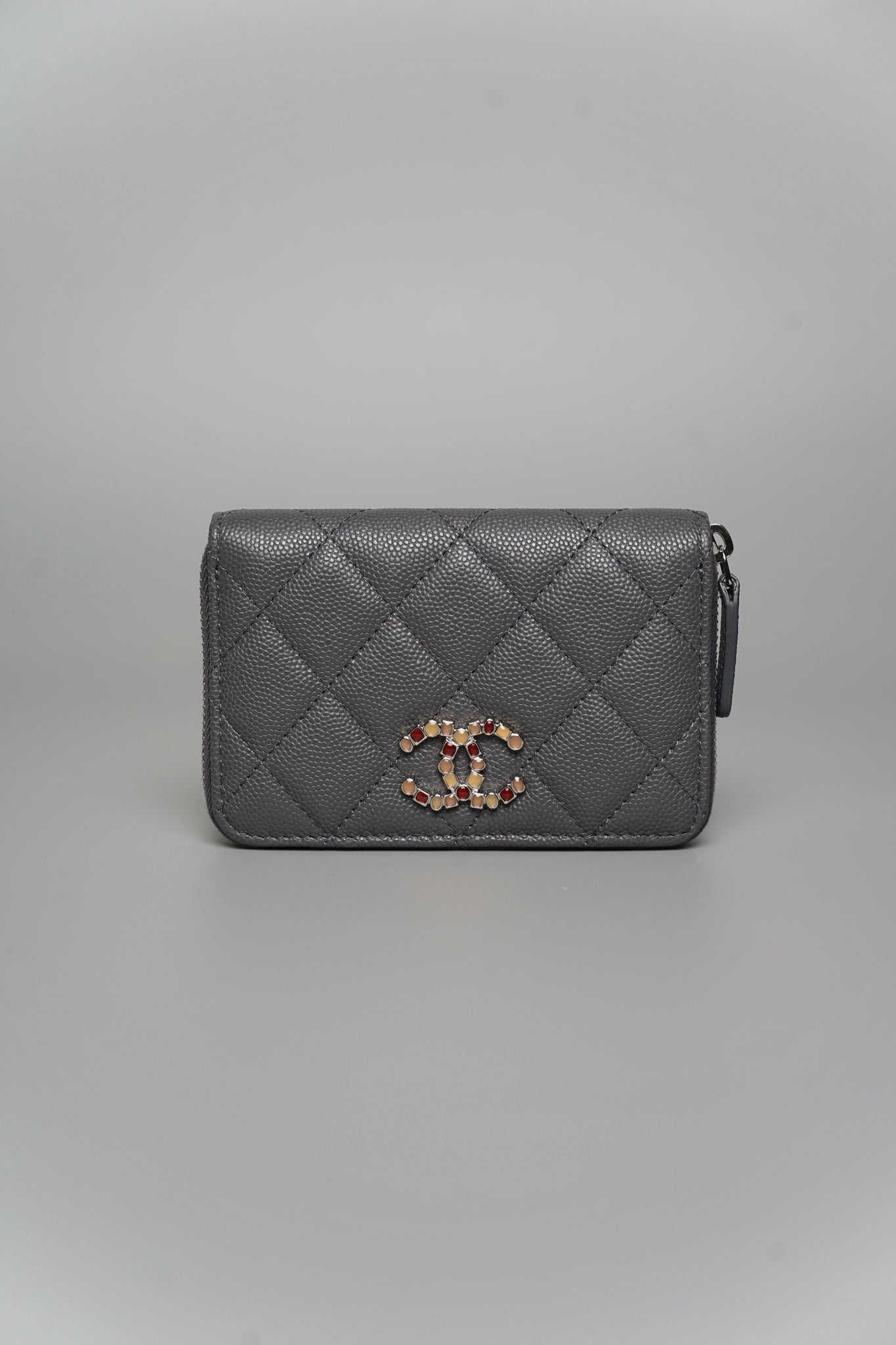 Chanel CC Crystal Logo Small Wallet in Dark Grey Caviar Shw (Brand New)