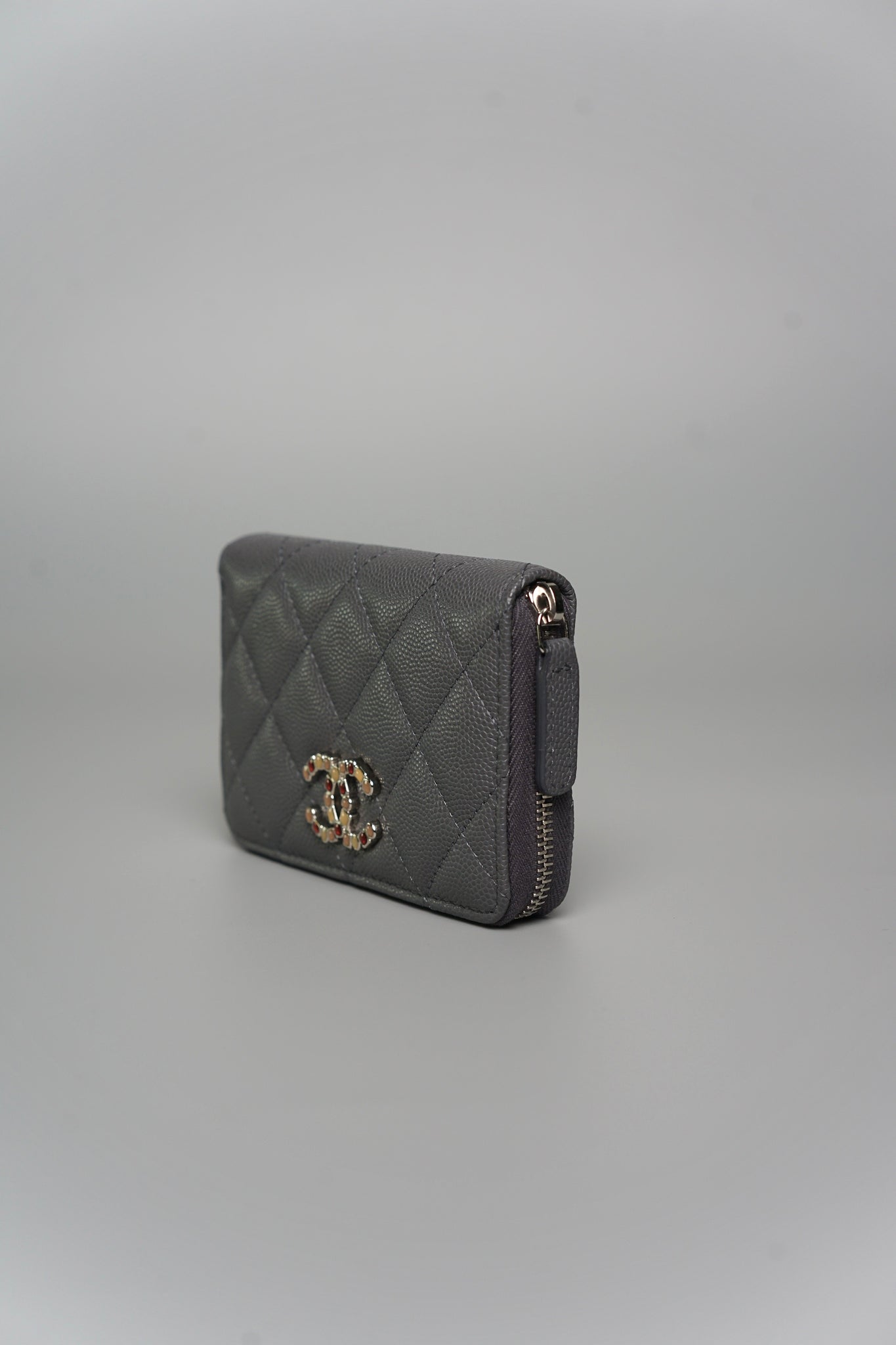Chanel CC Crystal Logo Small Wallet in Dark Grey Caviar Shw (Brand New)