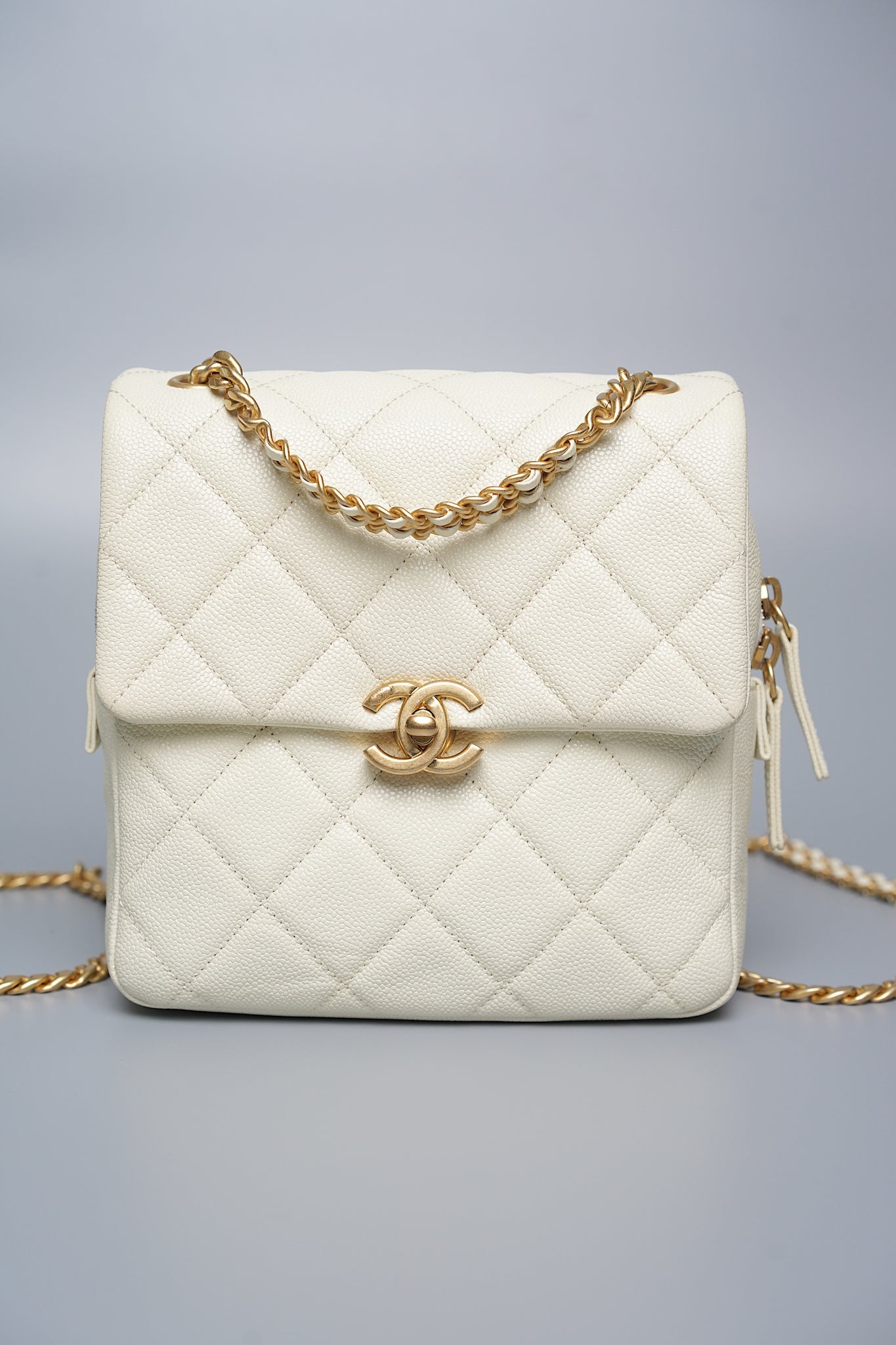 Chanel Chain Melody Backpack in White Caviar Bghw