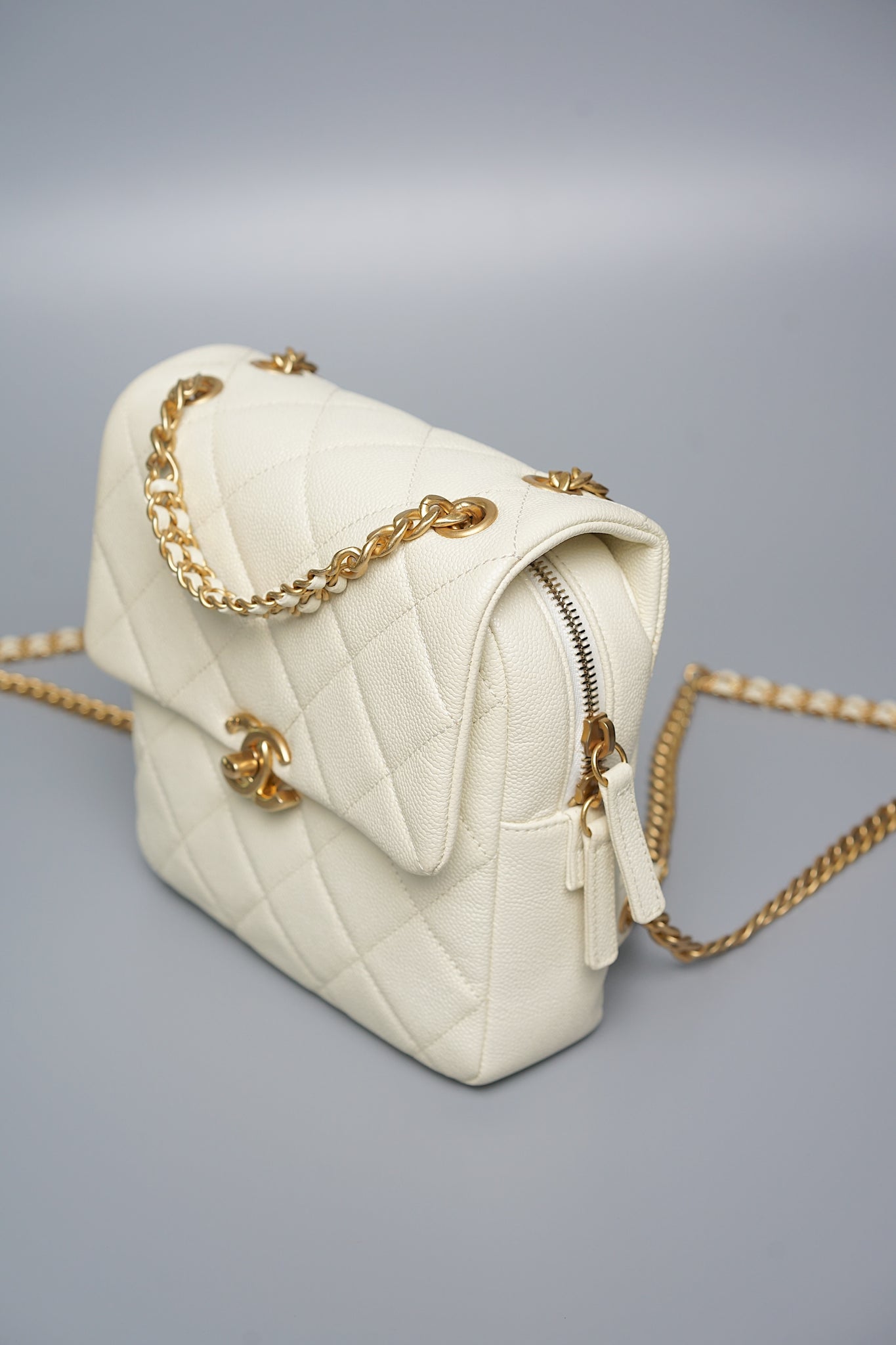 Chanel Chain Melody Backpack in White Caviar Bghw