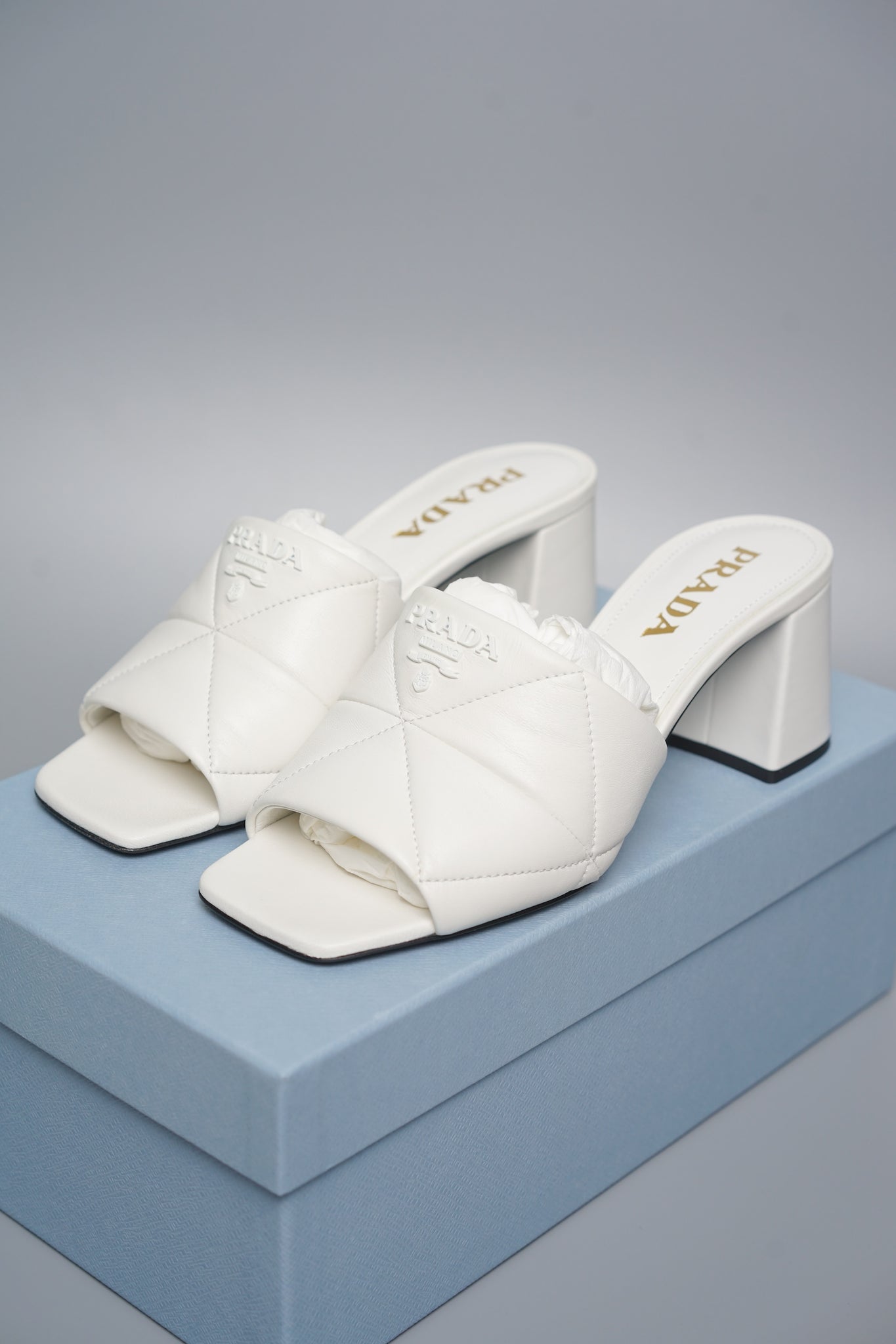 Prada Quilted Nappa Leather Heeled Sandals in White Size 36.5 (Brand New)