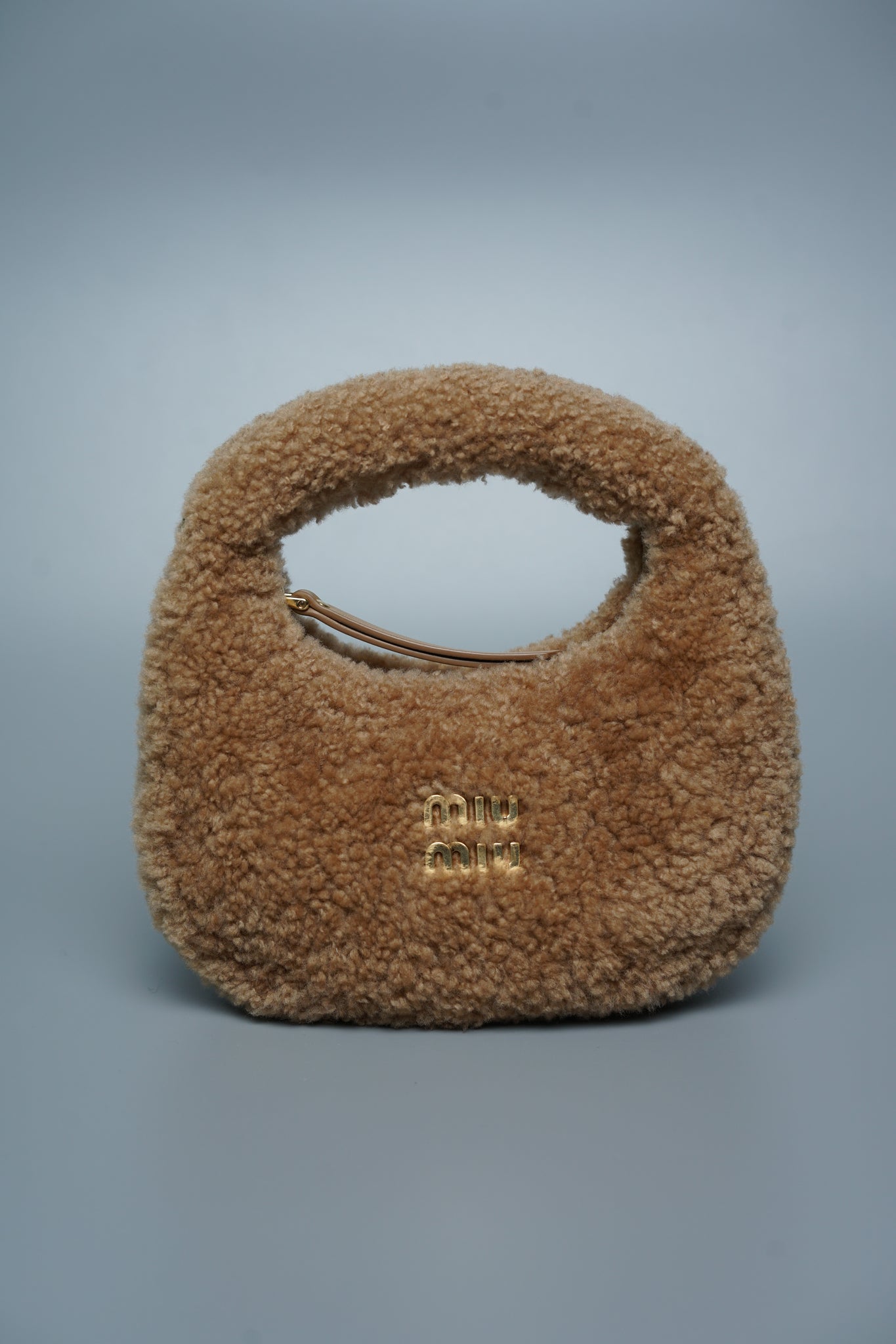 Miu Miu Wander Shearling Hobo Mini Bag in Caramel Lghw