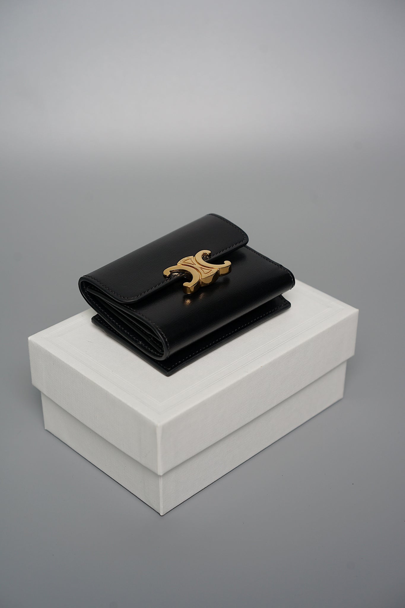 Celine Compact Wallet with Coin Triomphe in Shiny Calfskin Black