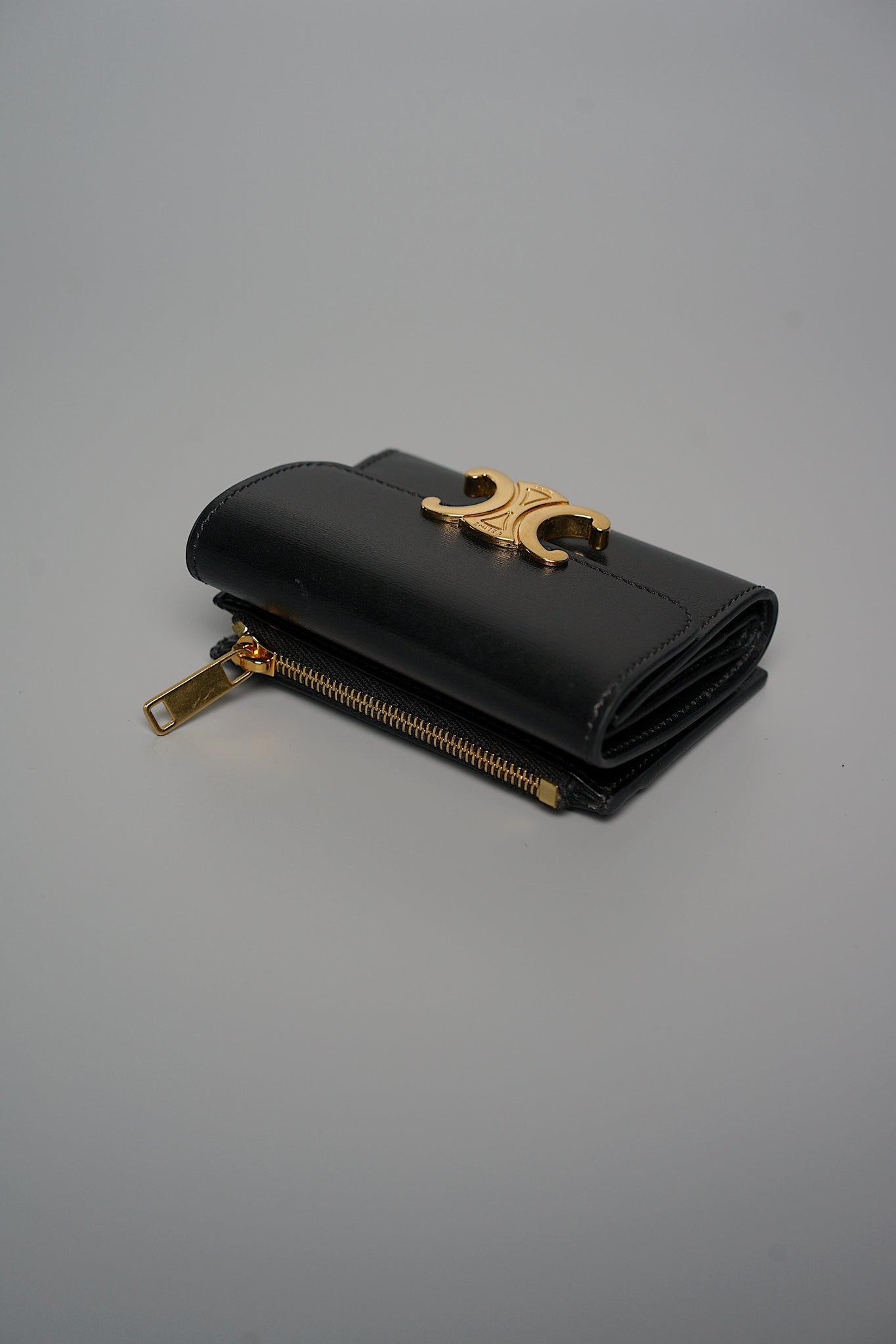 Celine Compact Wallet with Coin Triomphe in Shiny Calfskin Black