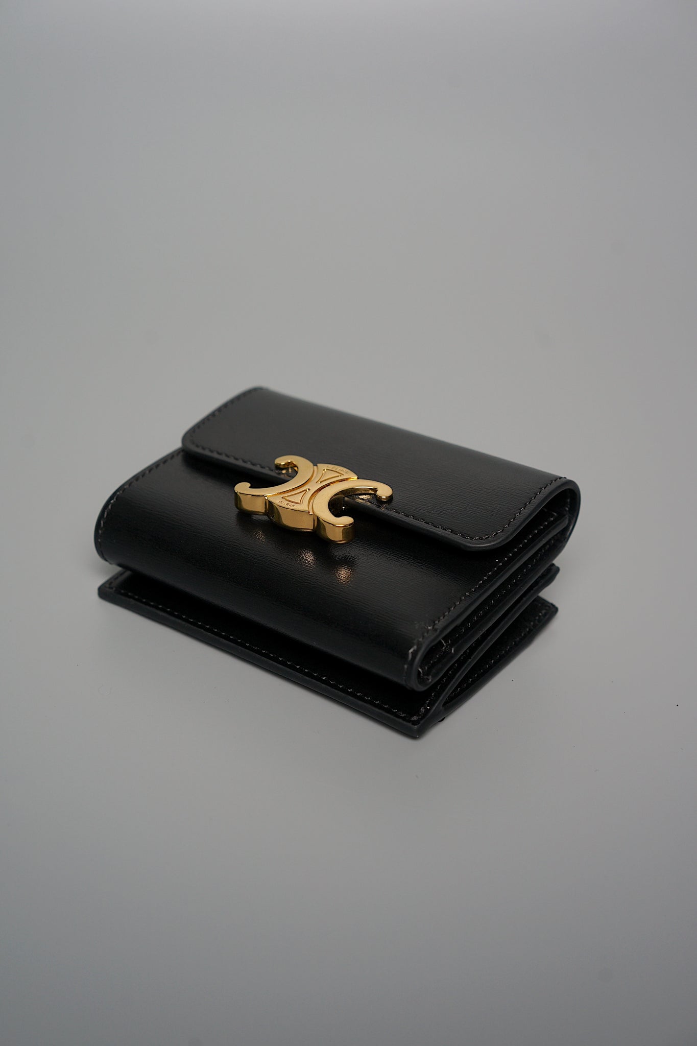 Celine Compact Wallet with Coin Triomphe in Shiny Calfskin Black