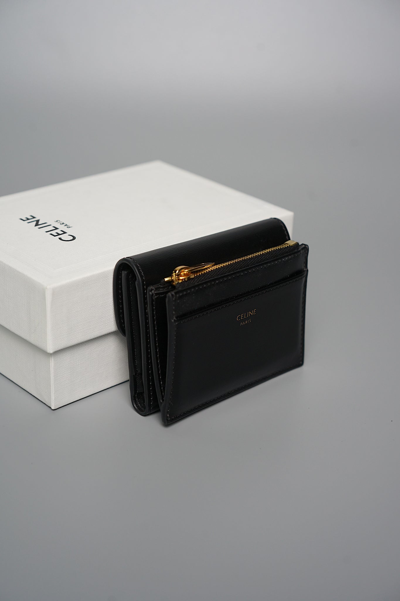 Celine Compact Wallet with Coin Triomphe in Shiny Calfskin Black