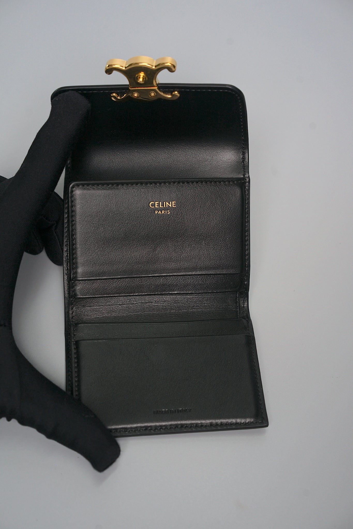 Celine Compact Wallet with Coin Triomphe in Shiny Calfskin Black