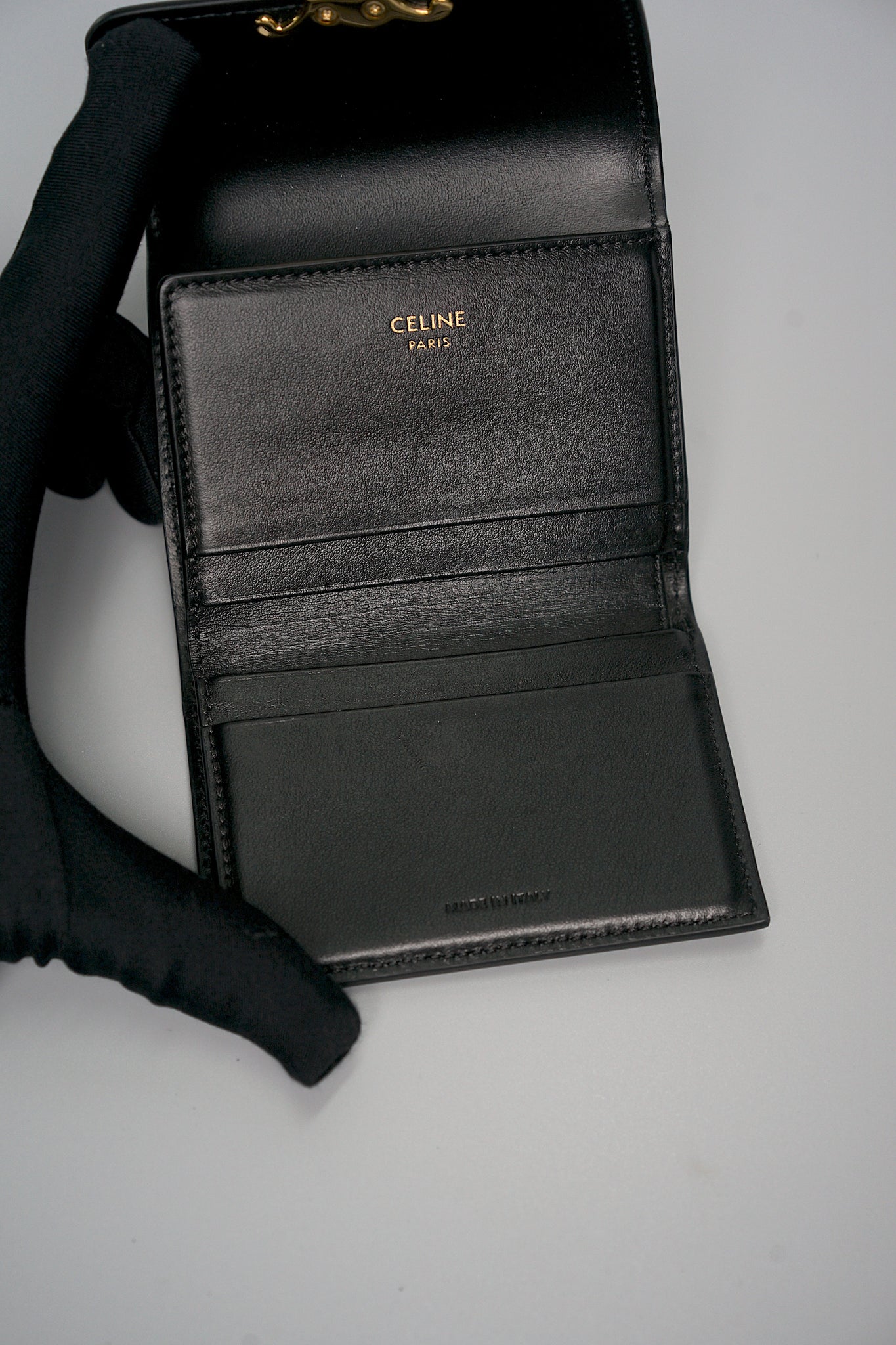 Celine Compact Wallet with Coin Triomphe in Shiny Calfskin Black