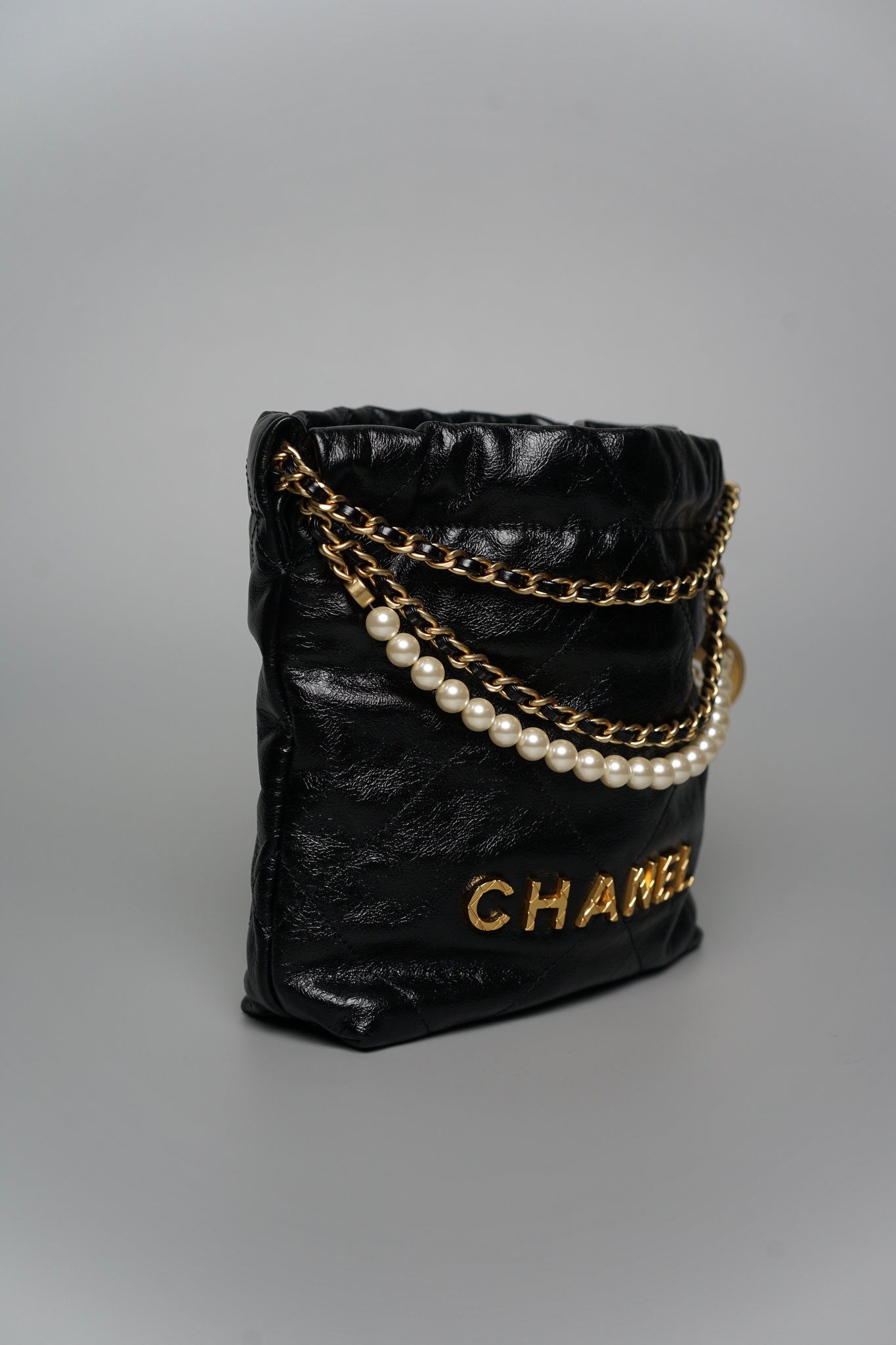 Chanel 22 Mini with Pearl in Black Shiny Crumpled Calfskin Ghw