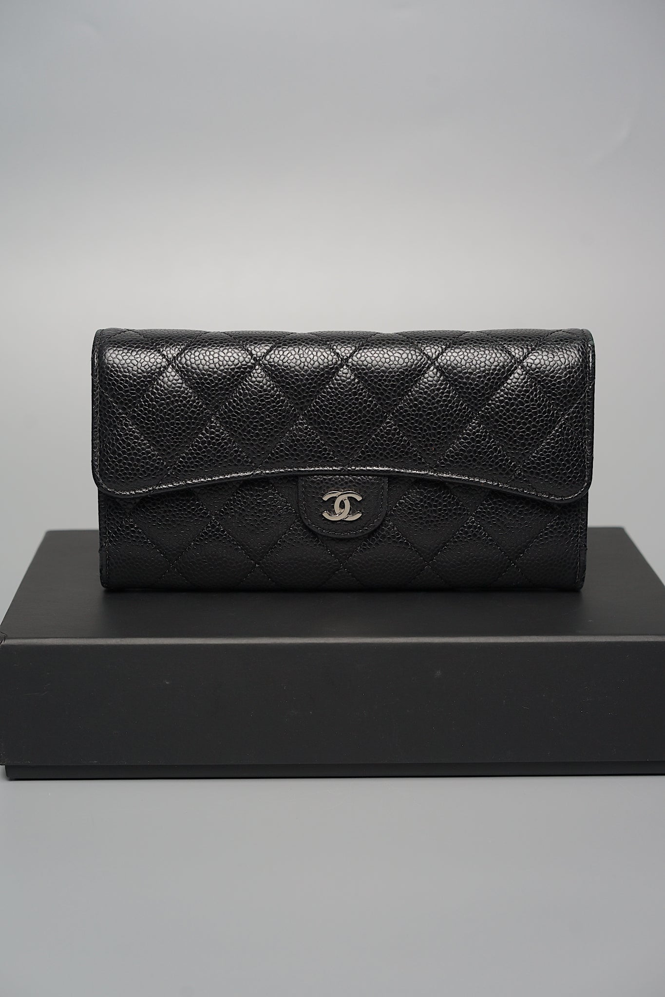 Chanel Classic Long Flap Purse Wallet in Black Caviar Shw