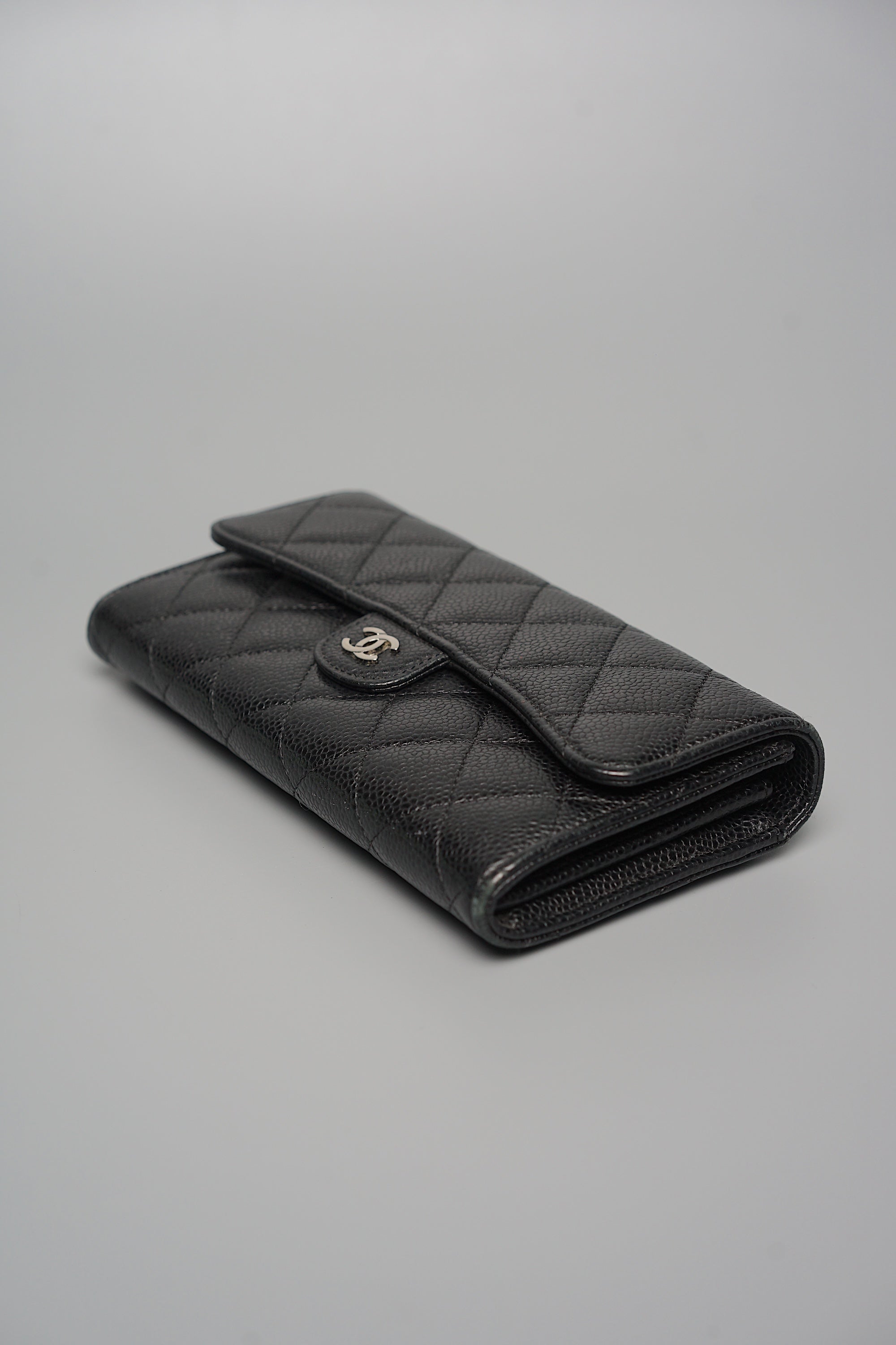 Chanel Classic Long Flap Purse Wallet in Black Caviar Shw